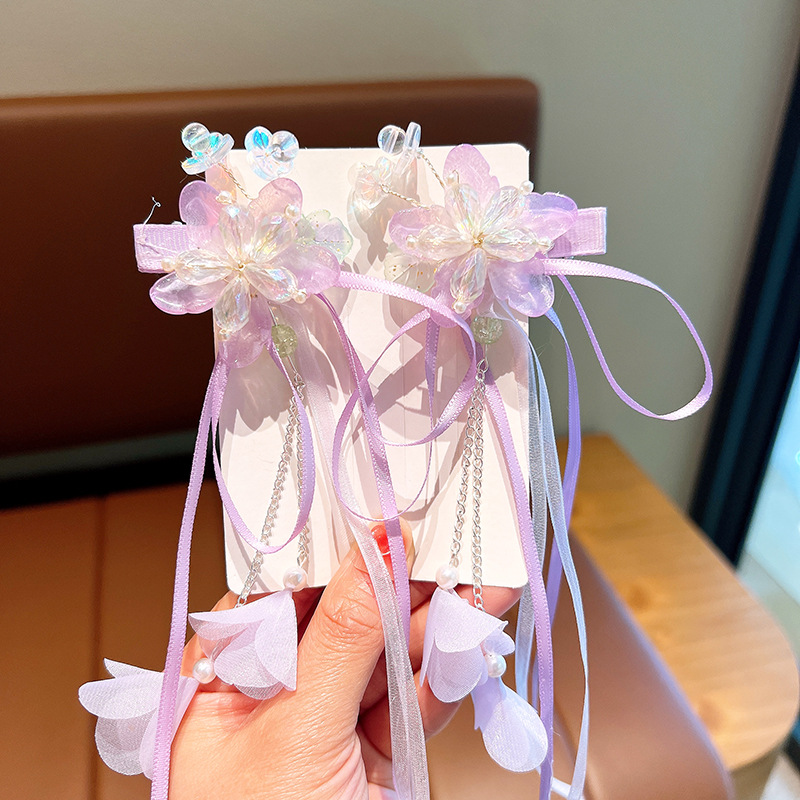 Hanbok Hair Pin - Pink and Blue Ribbon Tassel Hairpin
